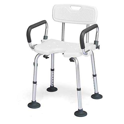 COSTWAY Taburete de Ducha con Respaldo y Reposabrazos Altura Ajustable Silla de Baño Antideslizantes Hebilla de Ducha Carga hasta 100kg