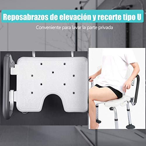 COSTWAY Taburete de Ducha con Respaldo y Reposabrazos Altura Ajustable Silla de Baño Antideslizantes Hebilla de Ducha Carga hasta 100kg