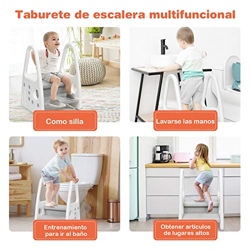 COSTWAY Taburete para Niños de 2 Niveles Escalera Multiusa para Niños de Plástico Escalón Infantil para Habitaciones de Niños Cocina Baño (Gris)