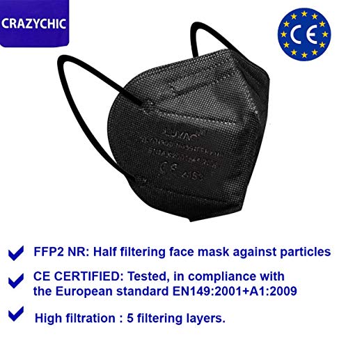 CRAZYCHIC - 10 Mascarillas FFP2 Negras Homologadas Certificadas CE EN149 - Mascarilla de Protección Respiratoria - Protectora Respirador Antipolvo - 5 Capas Alta Filtración - Paquete 10 Unidades