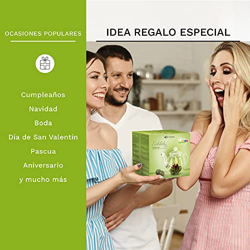 Creano Juego de regalo de té de flores con jarra de cristal, té verde con aroma afrutado (6 variedades), té Blooming Tea, regalo para mujeres, madres y amantes del té.