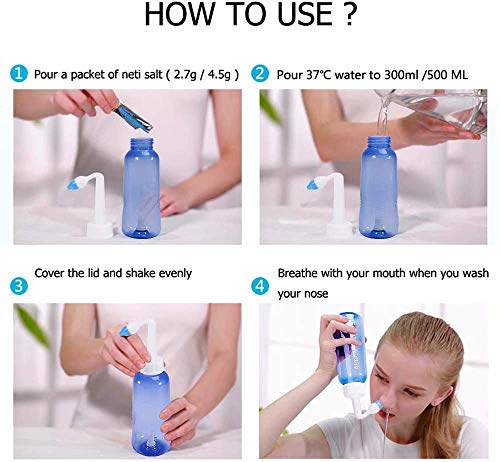 CROING 40 x Sal + 1 x Botella de Lavado Nasal (300 ml) + 1 x Botella de Spray Nasal (50ml) - Neti Pot, Irrigación Nasal