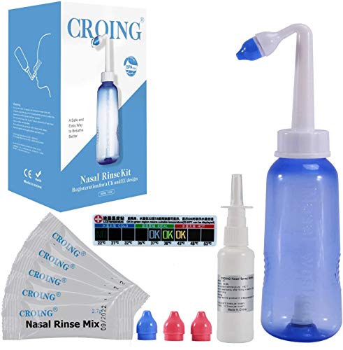 CROING 40 x Sal + 1 x Botella de Lavado Nasal (300 ml) + 1 x Botella de Spray Nasal (50ml) - Neti Pot, Irrigación Nasal