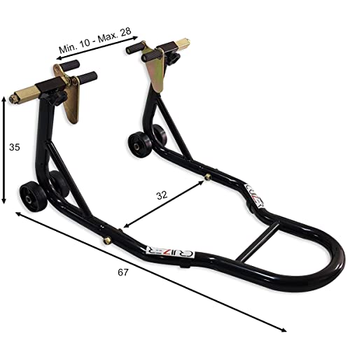 Cruizer – Caballetes negros para moto delanteros con enganches de conos y traseros con enganches de placas, ajustables con ruedas inferiores y barras de refuerzo laterales, carga total: 600 kg