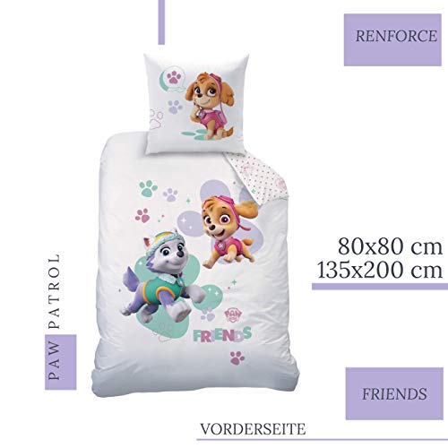 CTI Juego de ropa de cama para niñas de la Patrulla Canina, 2 piezas, ropa de cama infantil, 1 funda de almohada de 80 x 80 cm y 1 funda nórdica de 135 x 200 cm, 100% algodón