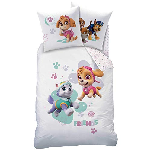 CTI Juego de ropa de cama para niñas de la Patrulla Canina, 2 piezas, ropa de cama infantil, 1 funda de almohada de 80 x 80 cm y 1 funda nórdica de 135 x 200 cm, 100% algodón