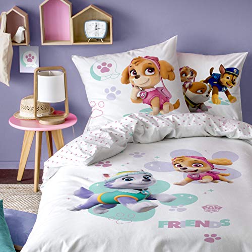 CTI Juego de ropa de cama para niñas de la Patrulla Canina, 2 piezas, ropa de cama infantil, 1 funda de almohada de 80 x 80 cm y 1 funda nórdica de 135 x 200 cm, 100% algodón