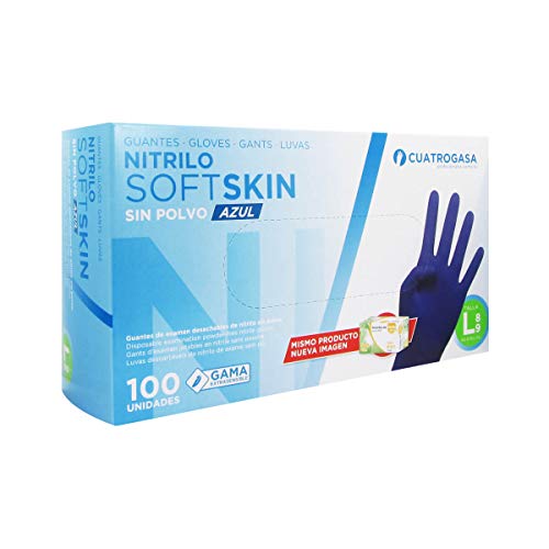 Cuatrogasa CU-GDNIT-AZ-SKSP Guantes de Nitrilo SP Soft Skin, sin Polvo, Libre de Latex, Talla L, 100 Unidades