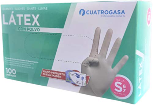 Cuatrogasa Guantes Látex Talla S con Polvo Desechables 100 Unidades Ambidiestros Sensibles Resistentes Homologados Apto uso alimentario quimicos