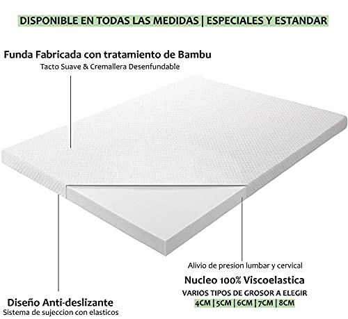 Cubrecolchon Topper 100% Viscoelastico | 135 x 190cm | Grosor 7CM | Fabricado en España | Libera Presion Cervical y Lumbar | Tratamiento Bambu | Anti-alergenico | Transpirable