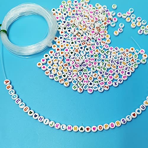 Cuentas del Alfabeto Redondo 1200 Abalorios para Hacer Pulseras, 1100 Abalorios Letras Redondas, 100 Amor Cuentas de Corazón Con Cuerda de Cristal para Pulseras DIY Manualidades