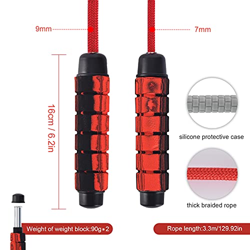 Cuerda para saltar peso,Cuerda para saltar de culturismo,3mAjustable ,Sin enredos, Quema de grasa rápido, Rodamientos de bolas de 360 ​​°,Fitness, Cuerda para saltar profesional(ROJO9mm)