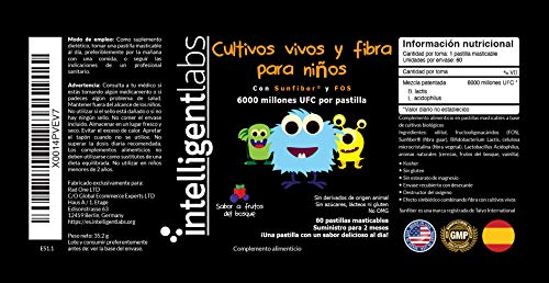 Cultivos Vivos y Fibra para Niños con 6.000 Millones de UFC, con Sunfiber y FOS, 60 pastillas masticables