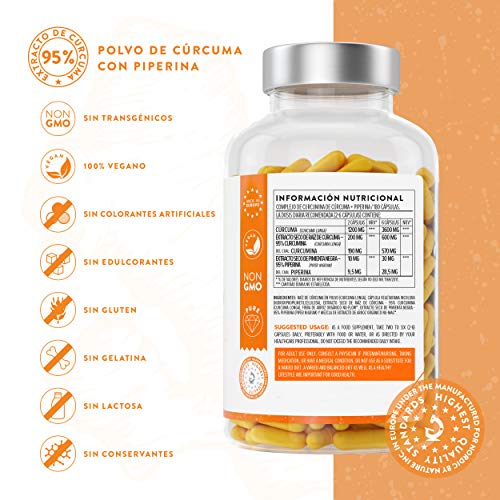 Curcuma con Pimienta Negra en Cápsulas - 4230 Mg Por Dosis Diaria - 95% Extracto de Curcumina - Apoyo natural para las articulaciones y los huesos - Antioxidante Natural - Máxima Absorción - 180 Cáps