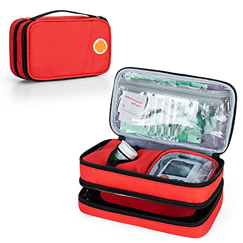 CURMIO Bolsa Insulina, Doble Capa Bolsa de Viaje para Insulina, Estuche de Insulina, Bolsa de Diabetico con Bolsillos Desmontables para Bolígrafos de Insulina, Bolsa de Hielo,Rojo (Sola Bolsa)