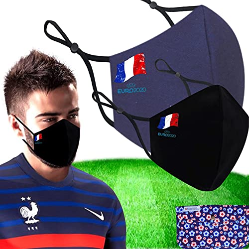 Cussi - Mascarilla de Tela Higiénica Reutilizable Homologada UNE 0065:20, Lavable hasta 20 ciclos-pack 2 mascarillas Eurocopa fútbol, estuche de tela, filtros extra (AZUL-TALLAS M, L-BANDERA FRANCIA)