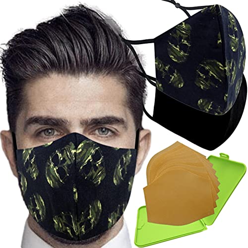 Cussi Mascarillas de Tela Colores Reutilizable Lavable, Pack de 2 Mascarillas Calavera Militar y Negro 100% Algodón Higiénica Homologada Certificada BFE 99% Filtros Extra 1x Estuche para Mascarilla