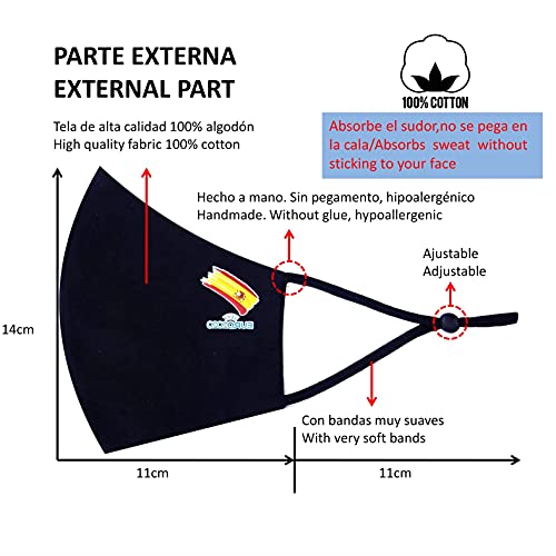 Cussi Mascarillas de Tela Colores Reutilizable Lavable, Pack de 2 Mascarillas Color Negro Bandera España 100% Algodón Higiénica Homologada Certificada BFE 99% Filtros Extra 1x Estuche para Mascarilla