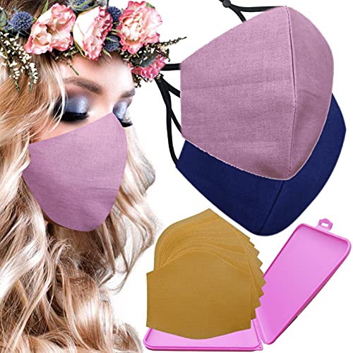 Cussi Mascarillas de Tela Colores Reutilizable Lavable, Pack de 2 Mascarillas Morado y Azul Marino 100% Algodón Higiénica Homologada Certificada BFE 99% Filtros Extra 1x Estuche para Mascarilla