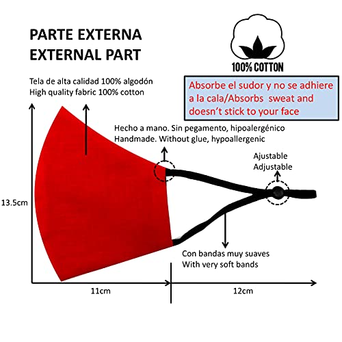 Cussi Mascarillas de Tela Colores Reutilizable Lavable, Pack de 2 Mascarillas Rojo y Negro 100% Algodón Higiénica Homologada Certificada BFE 99% Filtros Extra 1x Estuche para Mascarilla