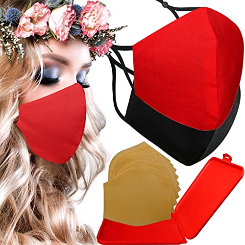 Cussi Mascarillas de Tela Colores Reutilizable Lavable, Pack de 2 Mascarillas Rojo y Negro 100% Algodón Higiénica Homologada Certificada BFE 99% Filtros Extra 1x Estuche para Mascarilla