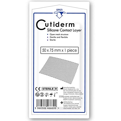 Cutiderm - Juego de 10 capas de contacto de silicona para heridas, 50 mm x 75 mm para desgarros de la piel, cicatrices, heridas quirúrgicas, úlceras y quemaduras