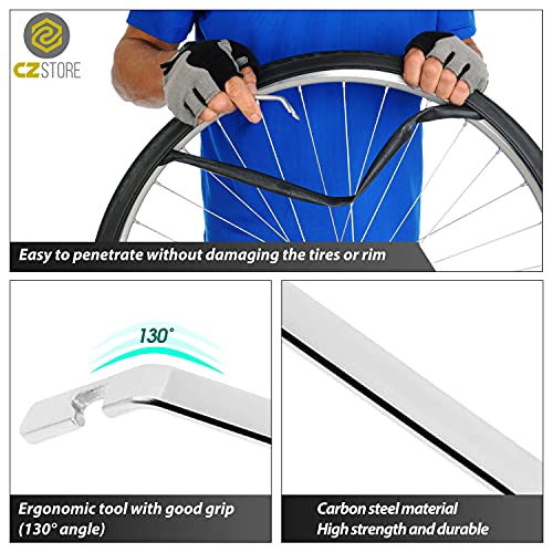 CZ Store Palanca Neumáticos Bicicleta | Juego de 3 | Metal - ✮✮GARANTÍA DE POR VIDA✮✮ - Con Gancho Curvo, Herramienta Acero Inoxidable - Accesorios de Reparación y Mantenimiento de BMX, MTB