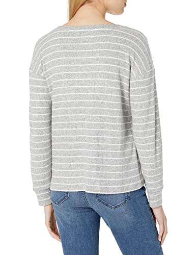 Daily Ritual Cozy Knit Rib Long-Sleeves Drop-Shoulder Open Crewneck Sweatshirt Camisa, Gris Jaspeado Jaspeado/Raya Blanca, S