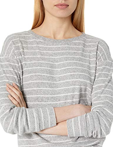 Daily Ritual Cozy Knit Rib Long-Sleeves Drop-Shoulder Open Crewneck Sweatshirt Camisa, Gris Jaspeado Jaspeado/Raya Blanca, S