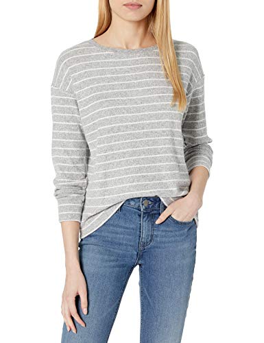 Daily Ritual Cozy Knit Rib Long-Sleeves Drop-Shoulder Open Crewneck Sweatshirt Camisa, Gris Jaspeado Jaspeado/Raya Blanca, S