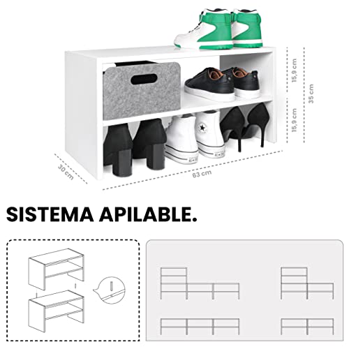 danhol® Organizador Apilable con Estantes, Zapatero Blanco de Madera Estrecho Entrada, Estanteria Zapatos, Estante Interior Armario Cocina, Organizador Armario Despensa, Organizador Baño Pequeño