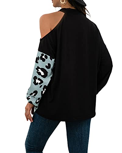 datasy Blusas Mujer Manga Larga Invierno Halter Elegante Camisetas de Leopardo Hombros caido Blusa para Mujer Manga de murciélago Azul XL