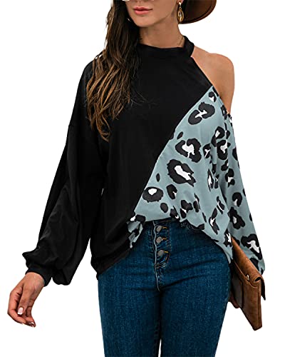 datasy Blusas Mujer Manga Larga Invierno Halter Elegante Camisetas de Leopardo Hombros caido Blusa para Mujer Manga de murciélago Azul XL