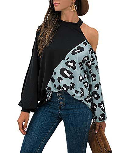 datasy Blusas Mujer Manga Larga Invierno Halter Elegante Camisetas de Leopardo Hombros caido Blusa para Mujer Manga de murciélago Azul XL