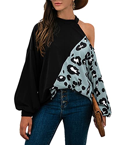 datasy Blusas Mujer Manga Larga Invierno Halter Elegante Camisetas de Leopardo Hombros caido Blusa para Mujer Manga de murciélago Azul XL