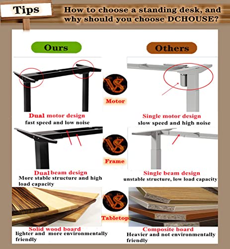 DCHOUSE Escritorio de altura regulable eléctricamente con 2 motores con memoria, función de protección contra colisiones, con tablero de madera maciza de 120x60cm (Arce, Marco Blanco)