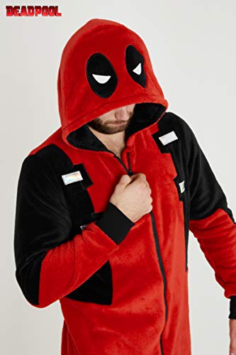 Deadpool Pijama Entero Hombre, Pijama Mono Hombre con Capucha, Pijama Hombre Invierno de Forro Polar, Regalos para Hombre y Adolescente Talla XS-2XL (Rojo, M)