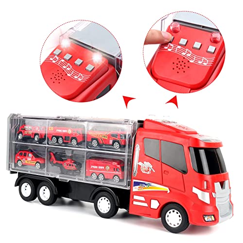 deAO Camión de Emergencias Transportador Maletín Porta Coches de Juguete Incluye Surtido de Vehiculos Die-Cast, Mapa y Figuras de Bomberos