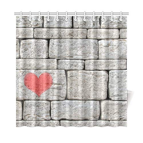 Decoración para el hogar Cortina de baño Ladrillos Muro de piedra con rojo Amor Corazón Tejido de poliéster Impermeable Cortina de ducha para baño, 72 x 72 pulgadas Cortinas de ducha Ganchos incluidos