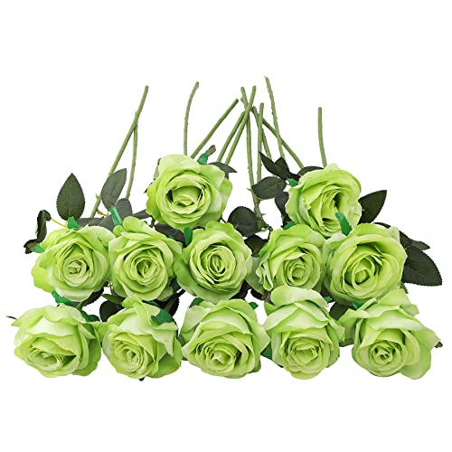 Decpro 12 Piezas de Rosas Artificiales, Flor de Seda de un Solo Tallo Largo de 19.7'' para Ramos de Novia, decoración de Hotel de Oficina, centros de Mesa, arreglos Florales(Verde)