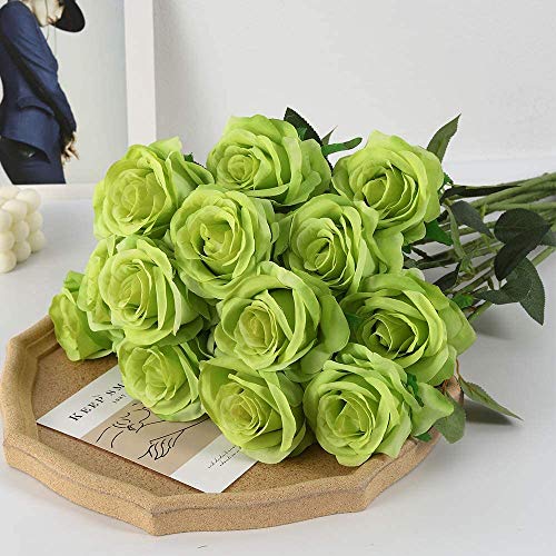 Decpro 12 Piezas de Rosas Artificiales, Flor de Seda de un Solo Tallo Largo de 19.7'' para Ramos de Novia, decoración de Hotel de Oficina, centros de Mesa, arreglos Florales(Verde)