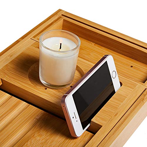 Deep Calm Bandeja de Baño - Tabla Extensible de Bambú para Bañera - Ajustable Antideslizante, se Adapta a la Mayoría de las Bañeras - Accesorio de Baño de Lujo para Libro, iPad, Teléfono, Vidrio, Vela