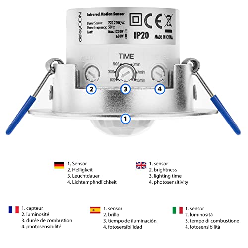 deleyCON 1x Infrarrojos Detector de Movimiento de Techo En el Interior - Alcance 8m a 360° Brillo Ambiente Ajustable IP20 Montaje Empotrado Aluminio