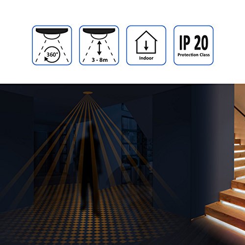 deleyCON 1x Infrarrojos Detector de Movimiento de Techo En el Interior - Alcance 8m a 360° Brillo Ambiente Ajustable IP20 Montaje Empotrado Aluminio