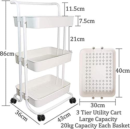 Delgeo Carro con Ruedas de Bloqueo, Carro Auxiliar con 3 Niveles para Cocina, Baño, Almacenamiento en el Dormitorio con Canasta de Plástico, Blanco
