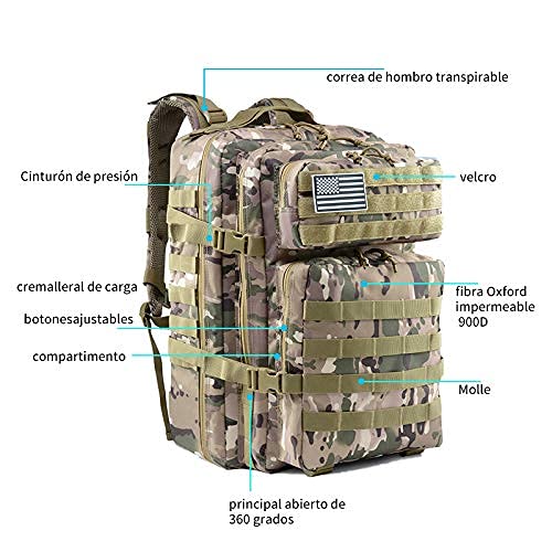 Delgeo Mochila Táctica Militar, 45L Gran Capacidad Mochila Crossfit, Plegable Impermeable Mochila Supervivencia, Montañismo, Senderismo, Trekking, Acampada, Aventura o Viajes, Camuflaje