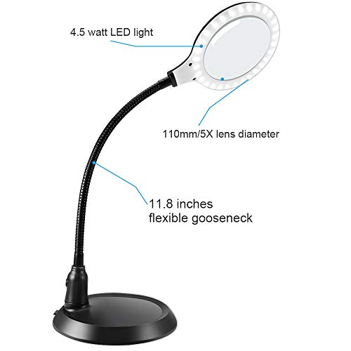 Delixike 5X Lupa Lámpara - Lupa con luz y soporte, lámpara LED regulable de tacto libre ultra brillante, ideal para leer, hobbies, costura, manualidades, color negro …