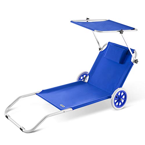 Deuba Tumbona de jardí­n Creta Azul Plegable con 2 Ruedas y Techo Ajustable 150x52cm Reposera para Playa