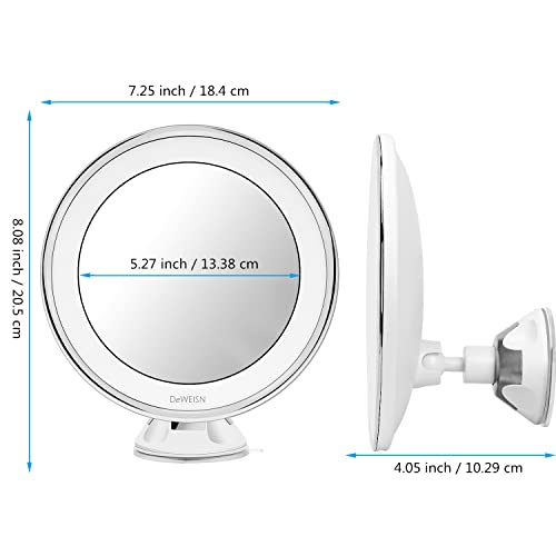 DeWEISN Espejo para Maquillarse con Luces LED Naturales, Aumento 10x Espejo de Vanidad con Ventosa de Bloqueo Rotación de 360 ° Portátil, Espejo de Pared Iluminado para Afeitado de Baño y Viajes