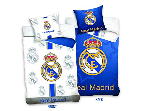 DHestia - Real Madrid Juego de Cama 100% Algodón Funda Nórdica + Funda Cojín Fútbol RM181011. 160x200 cm - Cama 90